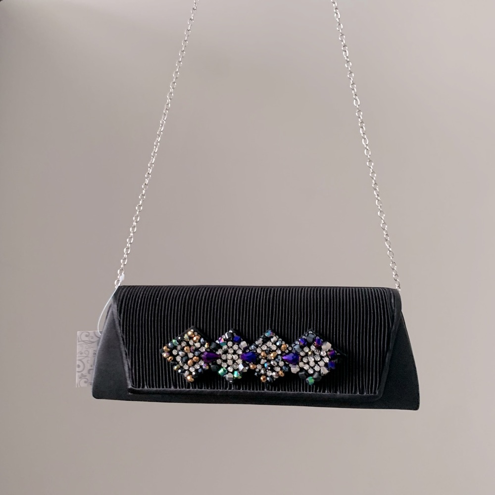 Black Crystal Clutch Satin Silk Rhinestone Silver Embellish Purse Chain Handbag - Picture 1 of 11